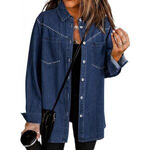 Women's Denim Shirt Long Sleeve Button Down V Neck Denim Jacket Navy Blue
